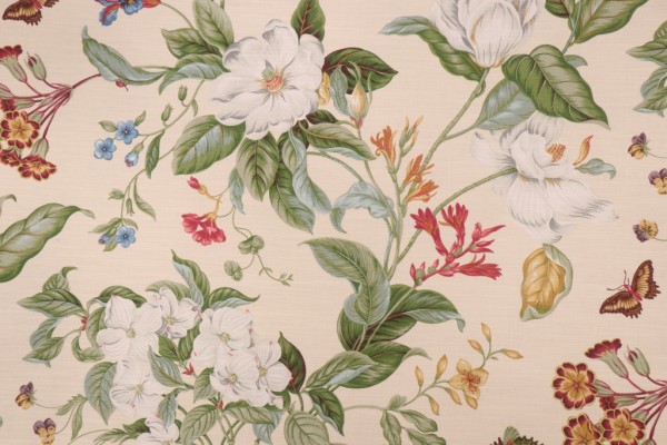 Williamsburg Garden Images Printed Cotton Drapery Fabric in Creme