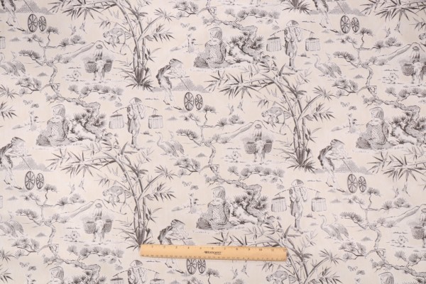 Waverly Haiku Toile Printed Cotton Drapery Fabric in Noir
