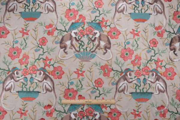 Kaufmann Cheeky Monkey Embroidered Drapery Fabric in Cantaloupe