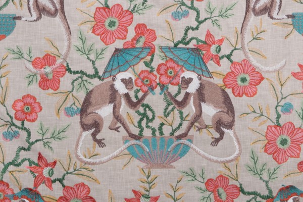 Kaufmann Cheeky Monkey Embroidered Drapery Fabric in Cantaloupe