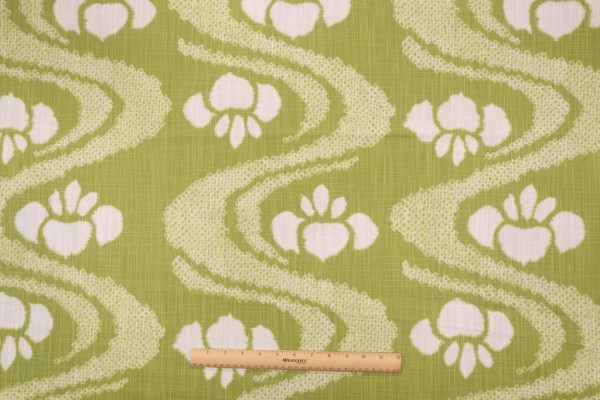Scroll Stripe Printed Cotton Drapery Fabric in Apple Green