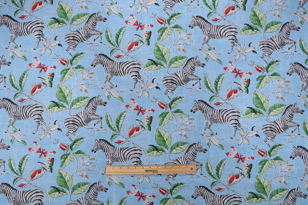 Sample of Harrison Howard Zebra&#39;s Garden Printed Linen Blend Drapery Fabric in Skylight 
