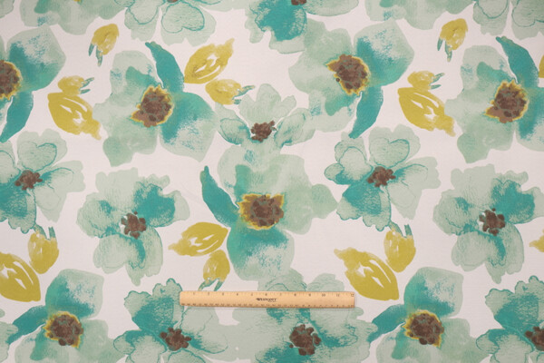 Turquoise Floral Printed Polyester Outdoor Fabric in Fieldhouse Green