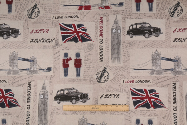 Vilber Words & Graphics Collection 10659 London Spanish Printed Drapery Fabric in Graphite