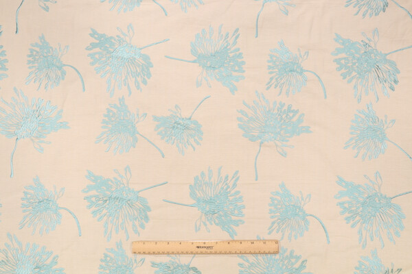 Onyx Age Poppy Embroidered Cotton Decorator Fabric in Aqua