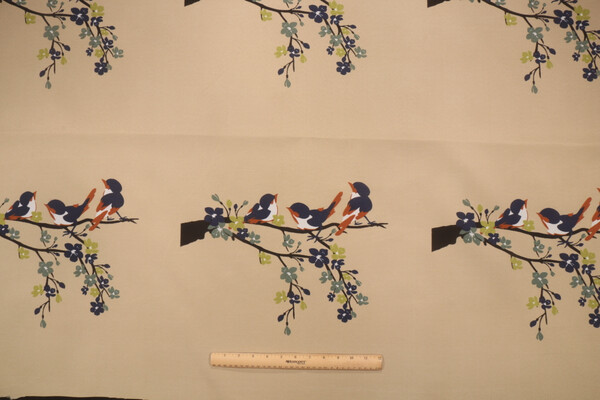 Spring Chickadees Printed Polyester 18x18 Inch Pillow Square Outdoor Fabric in Beige