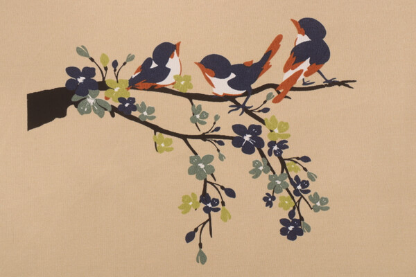 Spring Chickadees Printed Polyester 18x18 Inch Pillow Square Outdoor Fabric in Beige