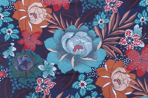 Stof France Mauricette Printed Cotton Twill Drapery Fabric in Marine