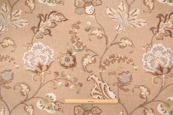 Robert Allen Woven Garden Printed Cotton Drapery Fabric in Camel
