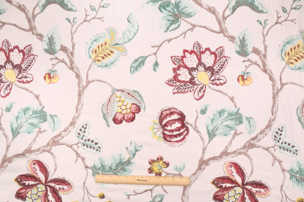 Robert Allen Bloom City Embroidered Printed Cotton Drapery Fabric in Classic Crimson