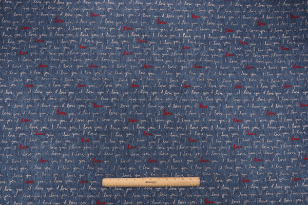 Click for 3.63 Yards Ellen Degeneres I Love You Printed Cotton Drapery Fabric in Denim Ellen Degeneres I Love You Printed Cotton Drapery Fabric in Denim