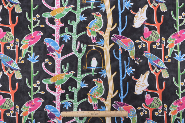 Waverly Birdhouse Chatter Printed Cotton Twill Drapery Fabric in Licorice