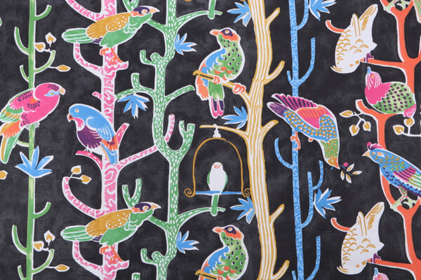 Waverly Birdhouse Chatter Printed Cotton Twill Drapery Fabric in Licorice