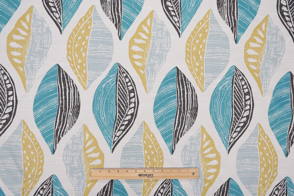 Robert Allen Leaf Block Printed Polyester Outdoor Fabric in Teal/Citron 