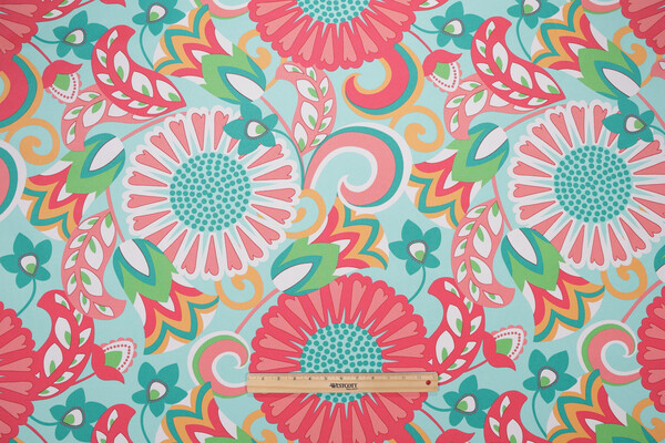 Sophia Printed Polyester Outdoor Fabric in Turquoise/Coral 