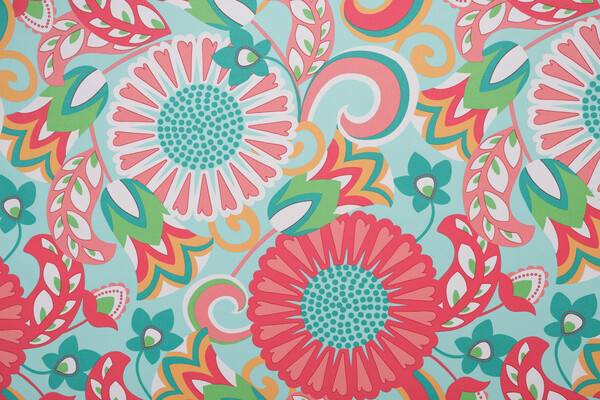 Sophia Printed Polyester Outdoor Fabric in Turquoise/Coral 