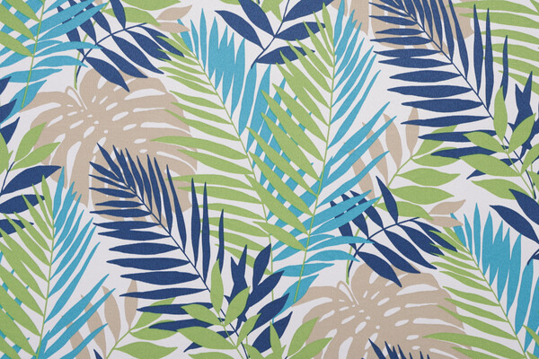Coastal Palm Printed Polyester Outdoor Fabric in Blue/Green 