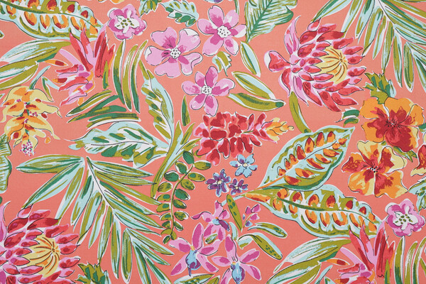Paradise Island Printed Polyester Outdoor Fabric in Coral 