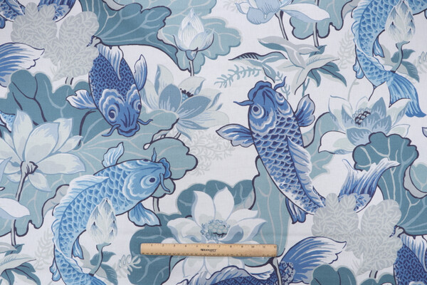 Kaufmann Lotus Pond Printed Cotton Drapery Fabric in Nile Blue