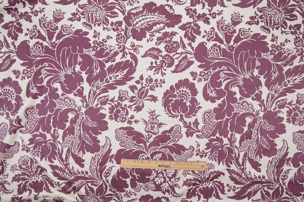 Fonthill Elizabeth Damask Hand-Printed Wool Drapery Fabric in Grape