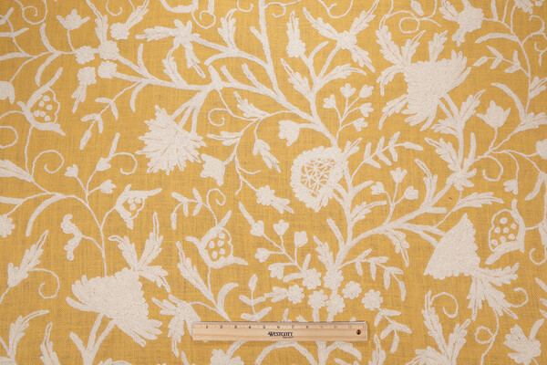 Scalamandre Crewel Embroidered Jute Drapery Fabric in Saffron