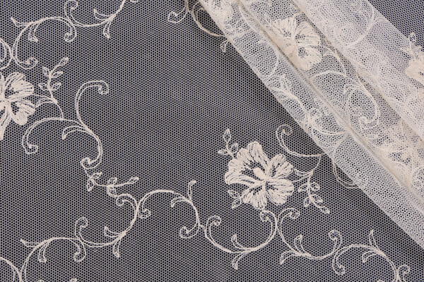 Scalamandre Fleurville 120 inch Scalloped Sheer Lace Drapery Fabric in Beurre Beige