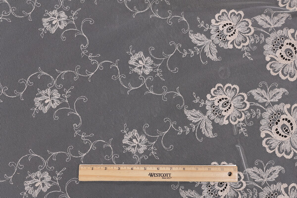 Scalamandre Fleurville 120 inch Embroidered Sheer Lace Drapery Fabric in Beurre Beige