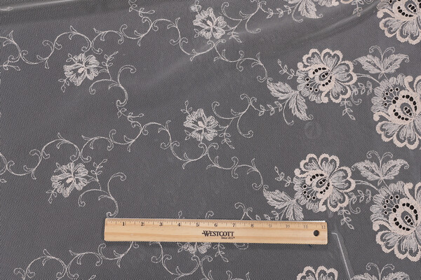 Scalamandre Fleurville 120 inch Embroidered Sheer Lace Drapery Fabric in Beurre Beige