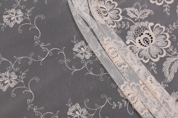 Scalamandre Fleurville 120 inch Embroidered Sheer Lace Drapery Fabric in Beurre Beige