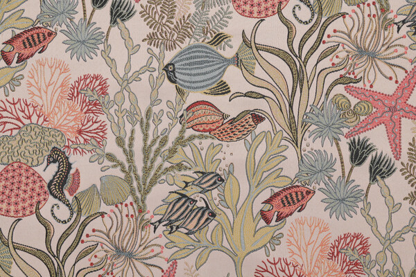 TFA Holy Mackerel Latex Backed Tapestry Upholstery Fabric in Aqua 