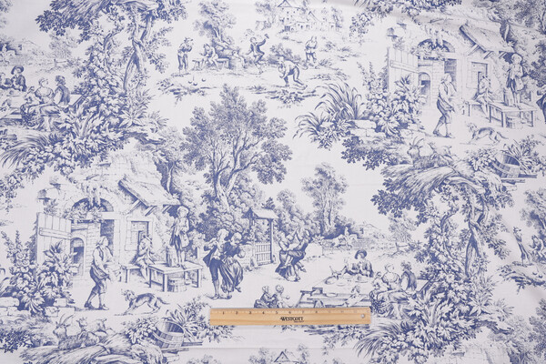 Dutton Toile Printed Cotton Drapery Fabric in Navy
