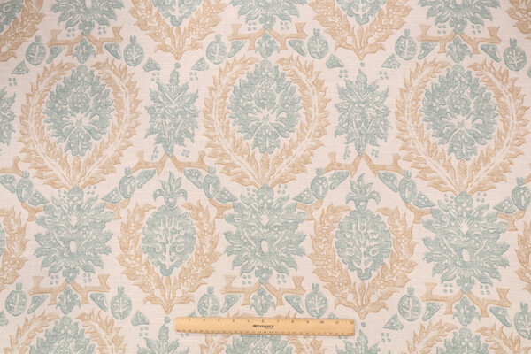 Thibaut Haleema F97935 Printed Linen Blend Drapery Fabric in Aqua & Beige