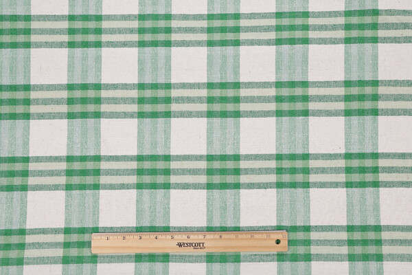 Sample of Grey Watkins Piccolo Plaid Woven Upholstery Fabric in Leaf Green/Ivory 