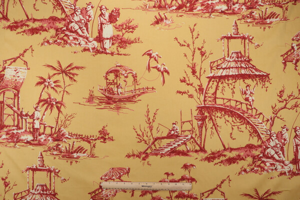 Thibaut Meridian F95301 Printed Cotton Drapery Fabric in Red on Gold