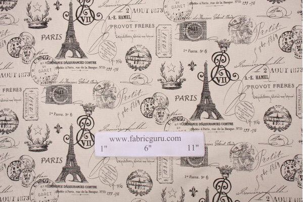 Premier French Stamp Printed Cotton Drapery Fabric in Onyx/Natural