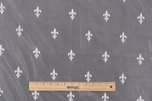 Fleur De Lis Embroidered Sheer Drapery Fabric in Ivory