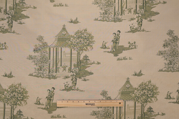 Pagoda Toile Printed Silk Decorator Fabric in Olive 