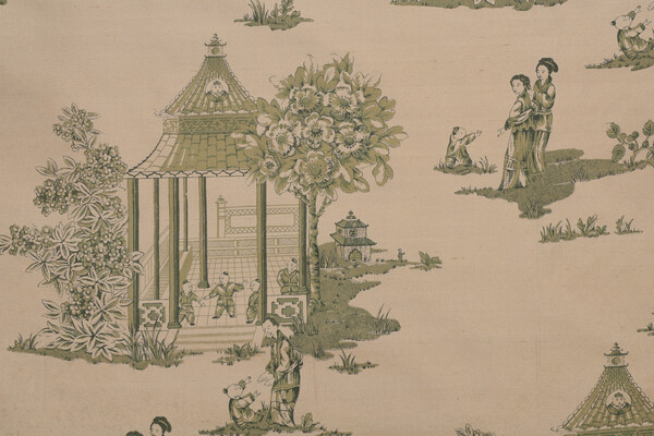Pagoda Toile Printed Silk Decorator Fabric in Olive 