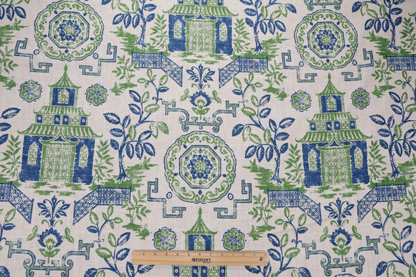 Richloom Teahouse Toile Printed Linen Blend Drapery Fabric in Kelly 
