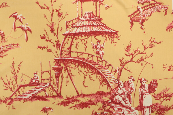 Thibaut Meridian F95301 Printed Cotton Drapery Fabric in Red on Gold