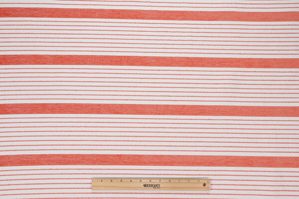 Sample of Bella Dura Porter Stripe Woven Polyolefin Chenille Outdoor Fabric in Coral 