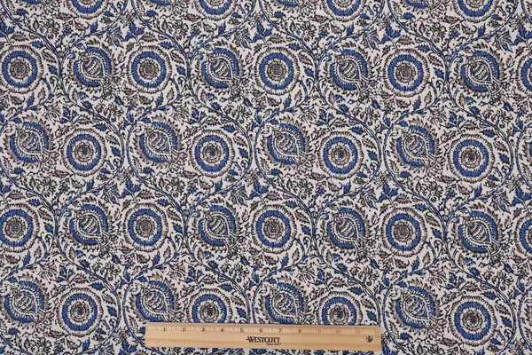 Duralee Ross Printed Cotton Drapery Fabric in Natural Blue 