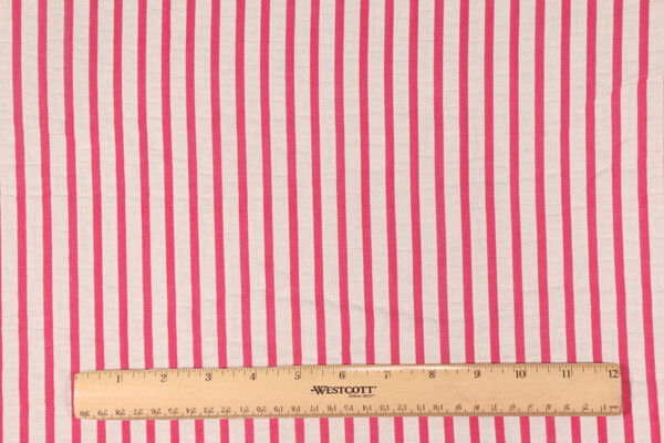 Onyx Age Geneva Stripe Seersucker Drapery Fabric in White/Raspberry