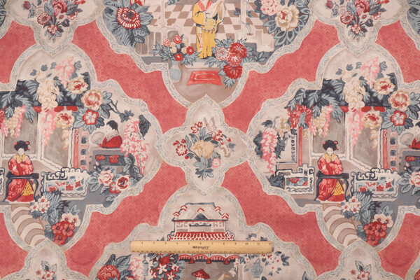 P Kaufmann Teahouse Toile Printed Cotton Twill Drapery Fabric in Scarlet