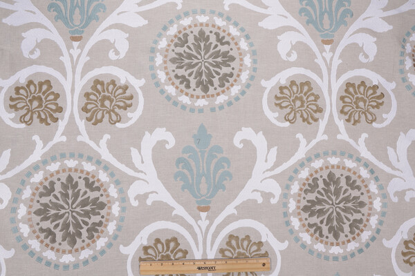 Thibaut Banyan W764100 Printed & Embroidered Linen Decorator Fabric in Aqua 