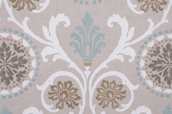 Thibaut Banyan W764100 Printed & Embroidered Linen Decorator Fabric in Aqua 