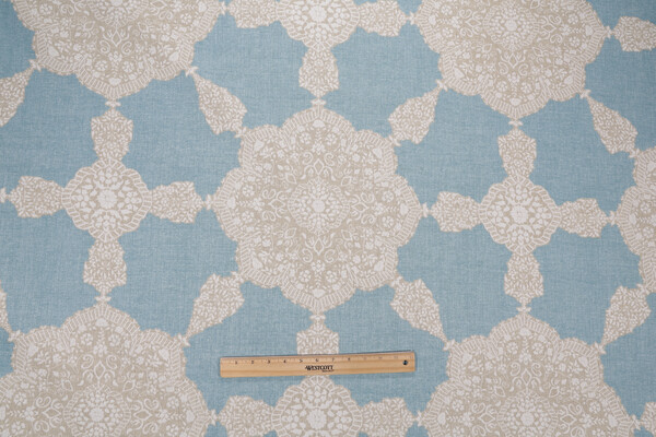 Thibaut Medallion Paisley F988728 Printed Linen Blend Drapery Fabric in Aqua and Beige