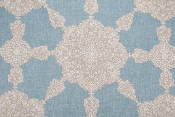 Thibaut Medallion Paisley F988728 Printed Linen Blend Drapery Fabric in Aqua and Beige